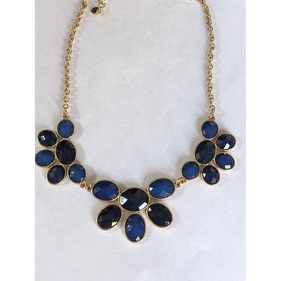Statement Bib Necklace faceted Two Tones Of  Blue Lucite beads Gold Tone 19” - Picture 2 of 7